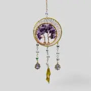 Gold Metal Dual Ring Dreamcatcher with 2 Trees of Life Amethyst Stones & Hanging
