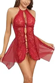 [Ladies & Men's story] Women Sexy Lingerie Mesh Halter Babydoll Open Front Lace Chemise