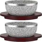 Sanbege 2 Pack Granite Stone Bowl 32 oz, Dolsot Pot with Wood Base for Cooking and Serving Korean Bibimbap, Soup, Rice, Ramen, Stew