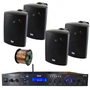 Home Amplified Bluetooth MP3 Receiver, 4x Indoor Black Speakers, 16-G 50 Ft Wire