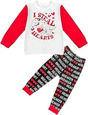 [DAKEIK] Toddler Boy Valentines Day Outfit Dinosaur Pattern I Steal Hearts Long Sleeve Cute Letter Print Pants 2Pcs