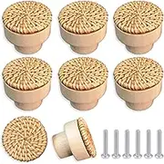 ETIUC 6 Pack Rattan Dresser Knobs - Boho Woven Wicker Drawer Knobs for Cabinets & Dressers