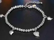 Crystal leaf sterling silver bead charm bracelet