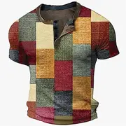 Men's Graphic Color Block Plaid / Check Waffle Henley Shirt Short Sleeve 3D Print Fashion Designer Basic Outdoor Street Daily Summer Yellow Blue Coffee Gray He