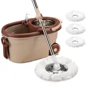 Spin Mop Bucket Set Floor Mop Stainless Steel Rotating w/ 2 Heads Khaki