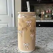 Pink Bow Tumbler with Straw and Lid Aesthetic Glass Cups Iced Coffee Cup Pink Cute Glass Cups 17oz Tumbler Smoothie, Gifts for Girls Women Friends, 520ml