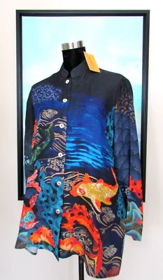 CITRON Santa Monica Blue Asian Koi Goldfish Silk Nehru Tunic Top Sz L NWT