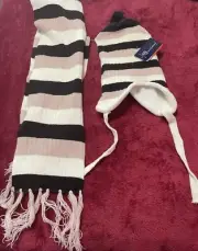 * QUIRINUS USA * GIRLS STRIPED WINTER HAT AND FRINGED SCARF SET *