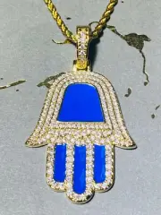 Men's 14k Gold Egyptian Eye Fatima Hamsa Hand VVS CZ Iced icy Pendant Rope Chain
