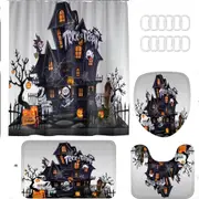 Halloween Shower Curtain Sets with Non Slip Rugs, Toilet Lid Cover and Bath Mat, Haunted House Pumpkin Shower Curtains with 12 Hooks