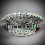 Silver Sequin Military Shinny Rhinestones Captain Headwear Music Festival Hat