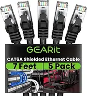 Cat6A Ethernet Cable (7 ft, 5-Pack, Black) 10Gbps Snagless Shielded SSTP, SFTP Shielded Ethernet Cable, 26AWG 4 Pair Solid Bare Copper Cat6 Cable, Cat 6 Shielded Network Cable - 7 feet