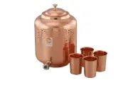 Copper Dispenser Hammered Water 5 Litre Matka Pot Container with 4 glass Copper