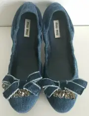 MIU MIU AMAZING DENIM BOW SWAROVSKI CRYSTALS EMBELLISHED FLATS 36.5 I LOVE SHOES