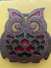Cast Iron Owl Stained Glass Trivet Kitchen Christmas Red and Green Bird themed