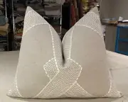 ONE PETITE LARSEN WHITE "BURTON" DIAMOND EMBROIDERED LINEN CUSTOM LUMBAR PILLOW