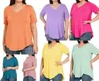 1X 2X 3X Luxe Rayon V Neck Short Sleeve Top Hi-Low Rounded Hem Loose Fit T Shirt