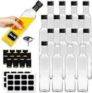 16 x 250ml Hot Sauce Glass Bottles with Lids Quadra Woozy Bottles Clear Empty Glass Bottle with Funnel, Sticker, Shrink Bands for Homemade Oil, Vanilla Extract