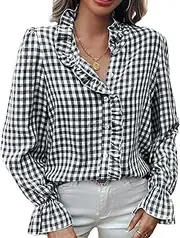 [YOUNIFIZ] Womens Plaid Blouse Peasant Ruffle Neck Button Down Plaid Puff Long Sleeve Gingham Blouse Shirts