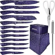 Knife Block Set,15 Pcs Kitchen Knives Set with Holder,Professional Japanese Chef Knife Set,Stainless Steel Carving Slicing Paring Bread Knife,Steak Knives,Resin Handle,Purple Color