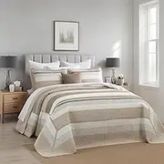 EWlinens 100% Cotton 120"x120" Oversized King Bedspread, Farmhouse Striped Patchwork Oversized King Quilted Bedspreads Coverlet Set, Extra Large Quilt Bed Spread, 3pcs Bed Blanket, Brown/Gray/White
