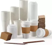 100 Pack 16 Oz Paper Coffee Cups Disposable Paper Coffee Cup with Lids Sleeves