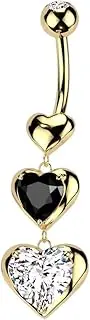 [Pierced Owl] 14GA 316L Stainless Steel CZ Crystal Triple Heart Dangling Belly Button Ring, 14ga, Metal, cubic zirconia