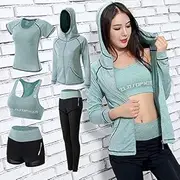 Women's Sportswear Yoga Set Pants+Shorts+Bra+t Shirt+Coats Women Yoga 5 Piece Set Outdoor Sports Quick Dry Tracksuits Fitness (Color : Green 5 pcs Set, Size : L)