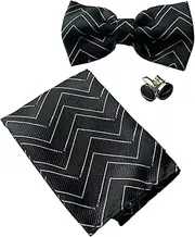 [Zasel] Mens Black Zig Zag Matching Bow Tie, Pocket Square & Cuff Links Set Black, Silver