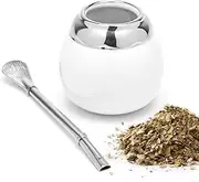 BALIBETOV Ceramic Yerba Mate Cup and Bombilla Set (Original Traditional Mate Cup - 6.7 Ounces) | Includes 1 Bombilla (Yerba Mate Straws to Use) | Ceramic Easy to Clean (White)