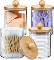 4 Pack Qtip Holder Dispenser with Bamboo Lids - 10 oz Clear Plastic Apothecary Jar Containers for Vanity Makeup Organizer Storage - Bathroom Accessories Set for Cotton Swab, Ball, Pads, Floss