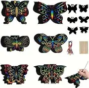 Cuniadwne 120 Pcs Butterfly Scratch Cards, Scratch Art Set, Scratch Paper Art Craft,6 Styles Rainbow Spring Scratch Crafts Butterfly Party Favors with 60 Bamboo Stylus for DIY Home Decoration Art
