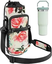 Desing Wish Water Bottle Holder with Strap 24 32 40 oz Crossbody Water Bottle Carrier Bag Neoprene Insulated Water Bottle Sling Pouch for Walking Hiking Travelling Camping (Rose)
