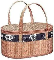 Portable Picnic Basket Natural Woven Chinese with Lid and Double Folding Handles Large Capacity Foldable Hamper Storage for Camping and Outdoor Party(26 * 16 * 16cm)