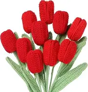 uxcell Tulip Crochet Flowers, Artificial Knitted Tulip Flower Completed Handmade Tulips Bouquet for Gift Home Birthday Wedding Decoration, Red Pack of 10