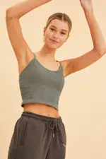 Green Seamless Singlet Top Scoop Neck Rib Crop - Size M, Women's Tank