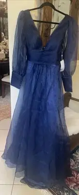 NWT TS Couture Bridal Party Gown Dress Navy Chiffon Balloon Long Sheer Sleeves