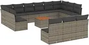 vidaXL Grey Poly Rattan 14-Piece Modular Garden Sofa Set - Cushions, Storage & Acacia Wood Tabletop for Patio, Backyard, Terrace