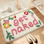Get Naked Bath Mat, Cute Floral Bathroom Mat Green Leaves Bath Mat, Extra Soft Non Slip Absorbent Bathtub Mat, Machine Washable Fluffy Microfiber Funny Decor Mat for Bedroom Shower 50x80 cm (Pink)