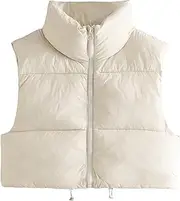 [Athlisan] Womens Cropped Puffer Vest Zip Up Stand Collar Sleeveless Padded Crop Vests