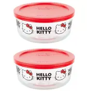 Pyrex Hello Kitty Sanrio 4 Cup Glass Food Storage Bowl Red Lids Set Of 2 NEW