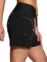 [ISEEGZ] Women's 5" High Waisted Swim Board Shorts Quick Dry UPF 50+ Womens Swim Trunks Bottoms with Liner Zipper Pockets, Black, Large