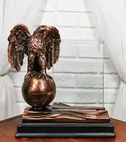 American Bald Eagle On Atlas Globe Bronze Figurine With 4"X6" Beveled Glass