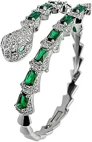 [WJAccs] Serpent-Inspired Silver Bracelet,Full Pave Zirconia, Green Snake Design with Emerald T-Cut Stones, Thick Cast Opening Bangle, Luxurious Women's Jewelry
