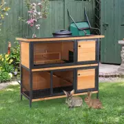 Bunny Cage w/ Slide-Out Tray Run Area Lockable Doors for Small Animals, Fir Wood