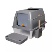 Fin Fully Enclosed Stainless Steel Cat Litter Box W Scoop, Scooping Box, Clutter Box