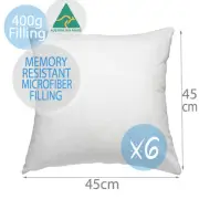 6 x Aus Made Premium Memory Resistant Polyester Pillow Cushion Inserts 45x45CM