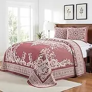 SUPERIOR Cotton-Polyester Blend Jacquard Weave Medallion Textured 3-Piece Bedspread Set, King, Berry Red
