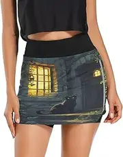 [Joisal] Heart Tree Stars Blue Mini Skort with Zipper Pockets Athletic Skirts for Running Tennis Workout, Cat Door Light Green, X-Large