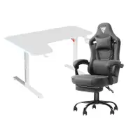 Advwin 140cm White Gaming Desk RGB LED Light & Gaming Chair with Footrest Fabric Gray Blue